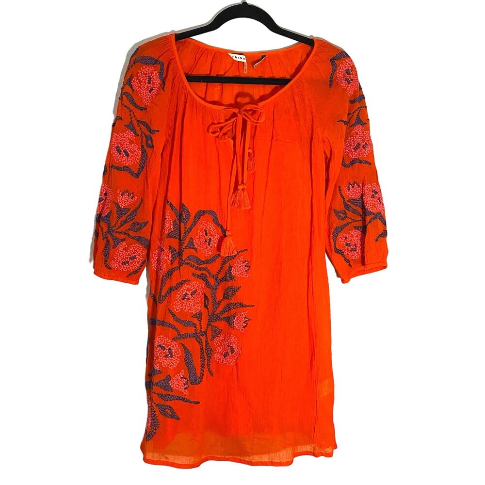 Trina Turk Orange Cotton Embroidered Boho Flowy Short Tassel Dress Women size 4